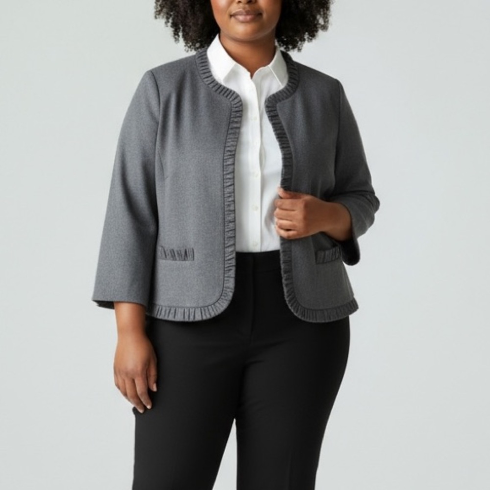 NWT Talbots Gray Ruffle Blazer Open Front Italian Wool Work Suit Jacket 22WP